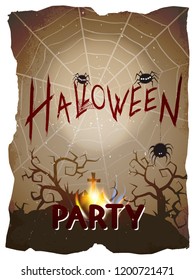 Vector Halloween illustration with spiders and hand drawn lettering on old torn paper background. 