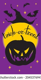 Vector halloween illustration for stories wallpaper. Black silhouettes of smiling pumpkin Jack o lantern, flying bats, lettering, witch hat on night sky with round yellow full moon and stars.  