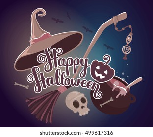 Vector halloween illustration with text happy halloween, pumpkin, witch hat, skull, broom, cauldron on dark night background with bats. Flat style design for halloween greeting card, poster, web, site