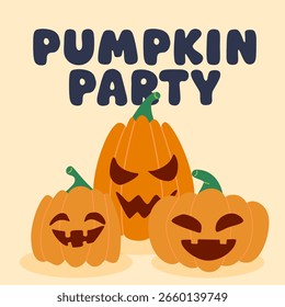 Ilustração Vetor Halloween com três abóboras mostrando emoções diferentes e letras de Festa de Abóbora. Design de desenho animado divertido perfeito para cartões de felicitações, decoração infantil e celebração sazonal.
