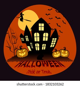 Vector Halloween illustration. Traditional background with pumpkins, bats, witch on a broomstick. Quirky house on an orange and purple background.