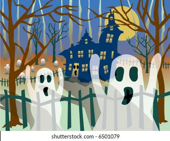 A vector Halloween illustration of transparent ghosts, graveyard and haunted house under a full moon.