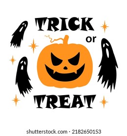 Vector Halloween illustration Trick or Treat with scary pumpkin face, ghosts and stars on white background. Traditional home decoration for Fall holidays, Happy Halloween, scary poster, door sign.