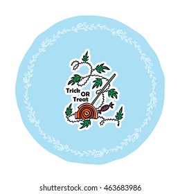 Vector Halloween illustration, Trick or Treat celebration. Kawaii lolly pop on blue circle with flower frame. Template for greeting cards, notes, invitation, banners. Cute doodle style