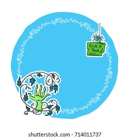Vector Halloween illustration, Trick or Treat label gift tag. Severed hand and spider on blue circle with flower frame. Template for greeting cards, notes, invitation, banners. Cute doodle style