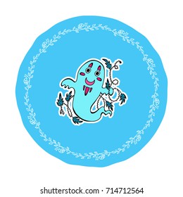 Vector Halloween illustration, Trick or Treat label gift tag. Kawaii ghost on blue circle with flower frame. Template for greeting cards, notes, invitation, banners. Cute doodle style