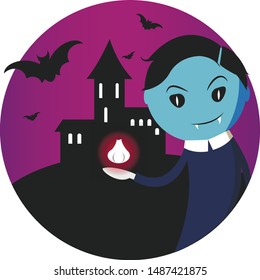 Vector Halloween illustration. Vampire on the background of an old castle. Flock of bats. Magic