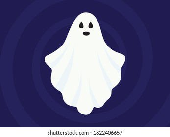 Vector halloween illustration of white flying ghost with eyes, mouth on dark blue gradient background. Scary and Cute cartoon ghost. Vector Halloween funny character monster isolated. 