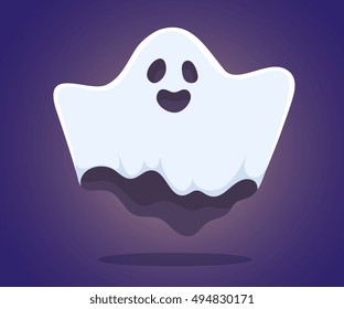 Vector halloween illustration of white flying ghost with eyes, mouth, hands on dark blue gradient background. Flat style design for halloween greeting card, poster, web, site, banner