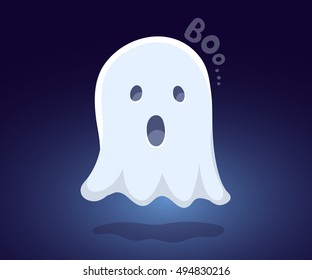 Vector halloween illustration of white flying ghost with eyes, mouth on dark blue gradient background. Flat style design for halloween greeting card, poster, web, site, banner