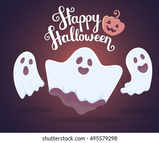 Vector halloween illustration white flying three ghosts and eyes  mouths dark blue gradient background and words happy halloween   pumpkin  Flat style design for halloween card  poster  web