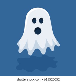 Vector Halloween Illustration Of White Flying Ghost With Eyes, Mouth On Dark Blue Gradient Background