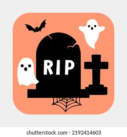 Vector halloween illustration of white funny ghost, silhouettes of graves, web and bat in the sky as sign, icon, wallpaper, sticker, print or pattern. Holiday autumn picture for graphic design.