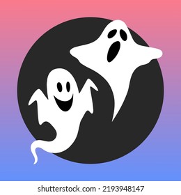 Vector halloween illustration of white funny ghosts on the black circle background as sign, icon, wallpaper, sticker, print or pattern. Holiday autumn picture for graphic design or fashion design.