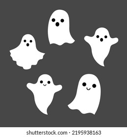 Vector halloween illustration of white funny cute ghosts on the black background as wallpaper or poster. Holiday autumn stickers set of pretty ghosts for graphic design or printing on cards or cloth.