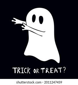 Vector halloween illustration with white ghost and text trick or treat on dark background for seasonal design, card, decoration, print and other
