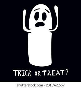 Vector halloween illustration with white ghost and text trick or treat on dark background for seasonal design, card, decoration, print and other