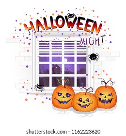 Vector Halloween illustration with window, pumpkins and hand drawn inscription on a brick light background. Night landscape with abandoned house and a full moon outside the window.