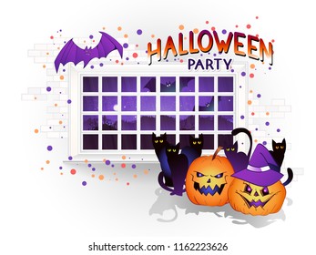Vector Halloween illustration with window, pumpkins and hand drawn inscription on a brick light background. Night landscape with a cemetery and a full moon outside the window.