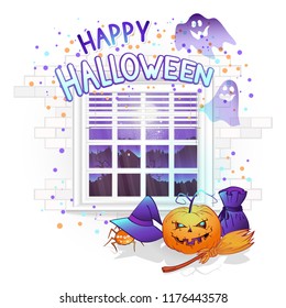 Vector Halloween illustration with window, pumpkins and hand drawn inscription on a brick light background. Night landscape with abandoned house and a full moon outside the window.