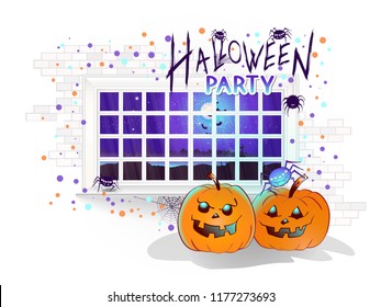 Vector Halloween illustration with window, pumpkins and hand drawn inscription on a brick light background. Night landscape with a cemetery and a full moon outside the window.