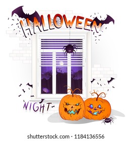 Vector Halloween illustration with window, pumpkins and hand drawn inscription on a brick light background. Night landscape with a cemetery and a full moon outside the window.