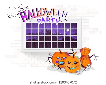 Vector Halloween illustration with window, pumpkins and hand drawn inscription on a brick light background. Night landscape with sinister castle and a full moon outside the window.