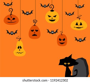 vector Halloween illustration of witch cat  beside grave stone and pumpkin decorations