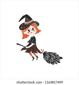 Vector Halloween illustration with witch girl on broom isolated on white background.  Perfect for party invitation, flyer, banner, poster.