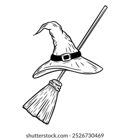 Vector Halloween illustration with witch hat and broom in line art style. Graphic monochrome drawing. Hand drawn outline sketch, engraved illustration. For coloring book, invitation.