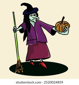 Vector Halloween illustration with a witch holding a broom and a pumpkin in the other hand. Witch with pumpkin, broom. Creepy, woman, character, costume