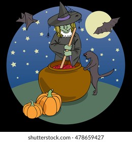 Vector Halloween Illustration With Witch Making Potion In Midnight