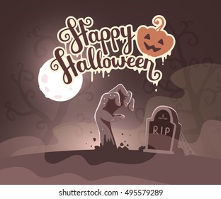 Vector halloween illustration of zombie hand in a graveyard with headstone, trees, text, pumpkin on dark background. Flat style design for halloween greeting card, poster, web, site, banner.