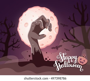 Vector halloween illustration of zombie hand in a graveyard with headstone, big full moon, trees, bats, text, pumpkin on dark background. Flat style design for halloween greeting card, poster, web