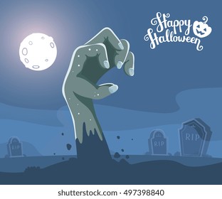 Vector halloween illustration of zombie hand in a graveyard with headstone, full moon, trees, bats, text, pumpkin on dark background. Flat style design for halloween greeting card, poster, web, site