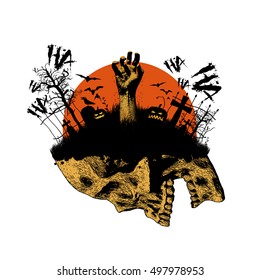 Vector Halloween illustration, Zombie hand emerges from the cemetery ground.
