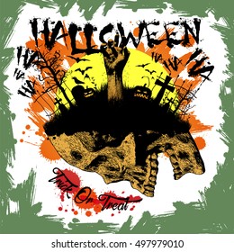 Vector Halloween illustration, Zombie hand emerges from the cemetery ground.
