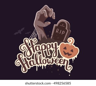 Vector halloween illustration of zombie hand in a graveyard with headstone, bats, text and orange pumpkin on dark background. Flat style design for halloween greeting card, poster, web, site, banner.