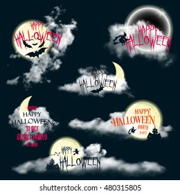 Vector Halloween illustrations. Clouds, full moon, eclipse, bats, haunted house and witch - elements set for halloween party, banner, poster, flyer, background design.