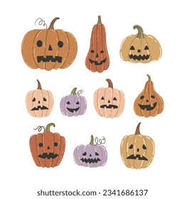 Vector Halloween illustrations with pumpkins. Perfect for adding fall magic to cards, posters and stickers.