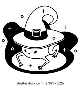 Vector Halloween image. A frog in a witch's hat. Not colored picture. Illustration for seasonal holiday decoration, greeting card, stickers, notebooks. Isolated on a white background