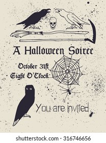 Vector Halloween invitation card. Vector collection of hand drawn creepy and comic images. Beautiful design elements.