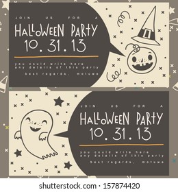 Vector halloween invitation. Cartoon vector cards with cute pumpkin and ghost. Stylish invitation card with halloween icons. 