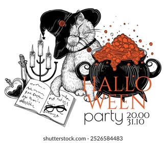 Vector halloween invitation with cat in hat brewing potion in boiling cauldron in engraving style
