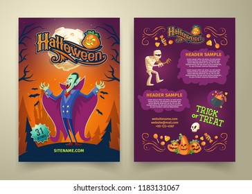 Vector Halloween invitation on list. Brochure template with headers. Background with count Dracula, scary mummy and cartoon pumpkins. Posters with website link isolated on gray background.