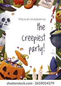 Vector Invitación de Halloween con Elementos espeluznantes y divertida calabaza llena de caramelos. Centro blanco para texto, rodeado de decoraciones espeluznantes. Fondo verde oscuro