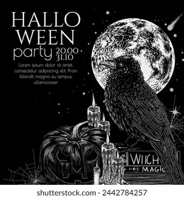 Vector Halloween invitation template in engraving style. Raven sitting on magic books with a carved pumpkin and candles against the backdrop of the full moon