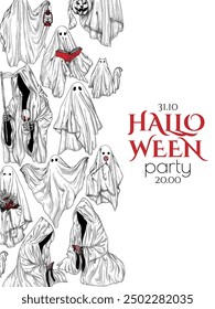 Vector Halloween invitation template in engraving style. Ghosts and deaths in hoods