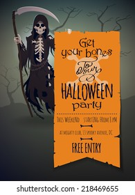 Vector halloween invitation template featuring death character with scythe holding poster with information about halloween party, time, address and other details | Halloween party flyer template