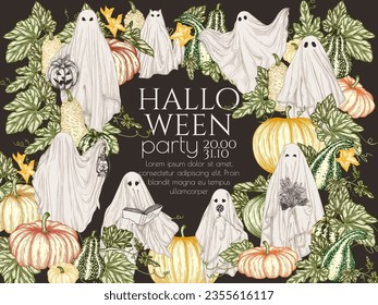 Vector Halloween invitation template and various ghosts in the pumpkin garden in engraving style  Ghost and book  and lamp  and bouquet  and candy  and Halloween pumpkin  ghost cat